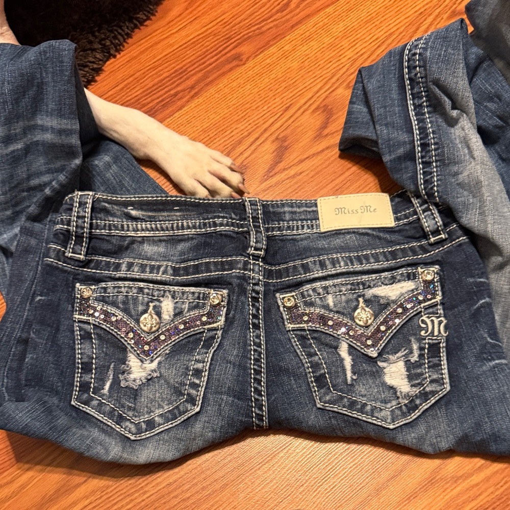 Miss Me Distressed Blue Flare Jeans with Embellished Pockets